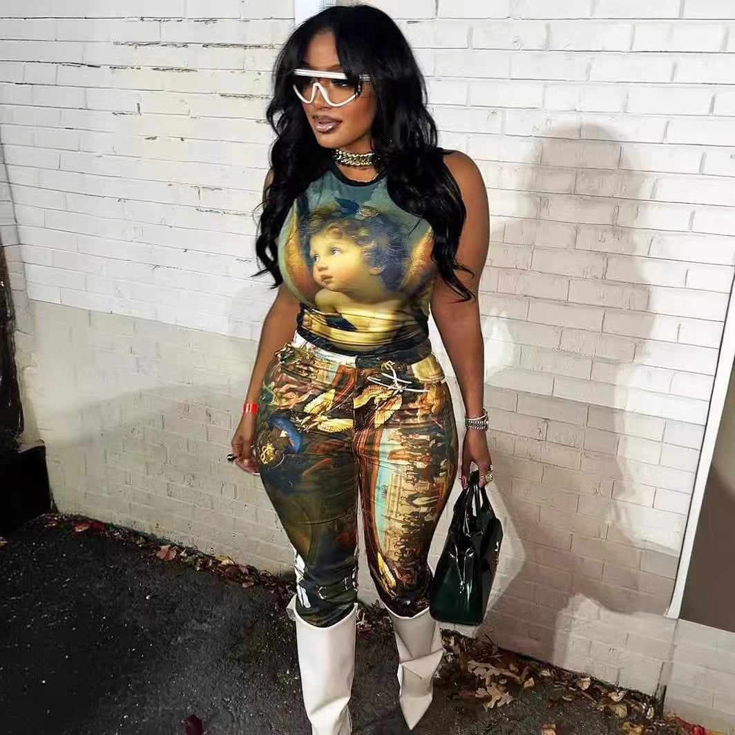 Vintage Oil Painting Print Sleeveless Crop Top Leggings 2 Piece Set