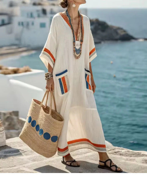 Women Boho Striped Embroidery V Neck Loose Kaftan Maxi Beach Dress