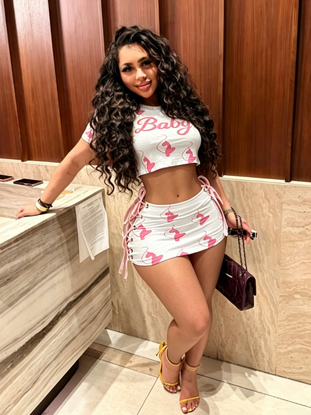Baby Phat Y2K Graphic Print Crop Top Lace‑Up Mini Skirt Set Women