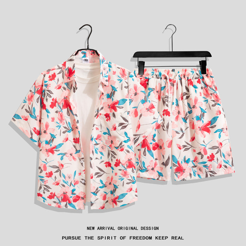Ice Silk Quick Dry Couple Floral Loose Beach Shirt Shorts Set T3601-T3630
