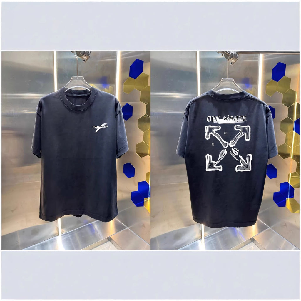 Off-White Washed Distressed Crew Neck Short Sleeve T Shirt Unisex