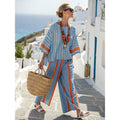 Women Boho Striped Print Round Neck Short Sleeve Wide Leg Beach Set