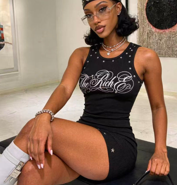 Graphic Metal Stud Tank Bodycon Mini Dress Women Punk Streetwear