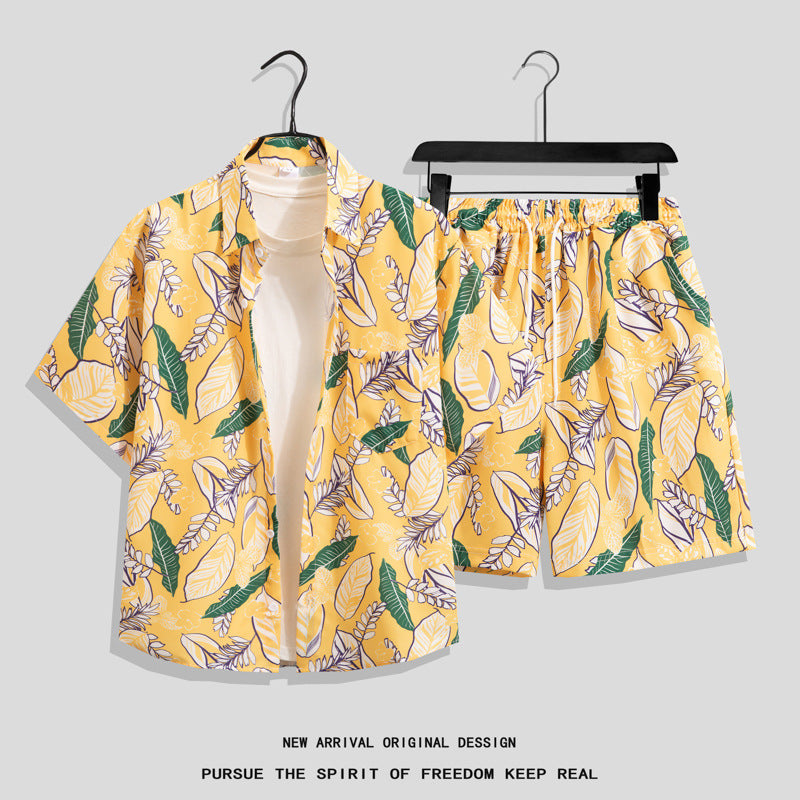 Ice Silk Quick Dry Couple Floral Loose Beach Shirt Shorts Set T3601-T3630