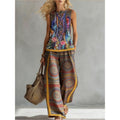 Boho Floral Trim Sleeveless Wide Leg Two Piece Set