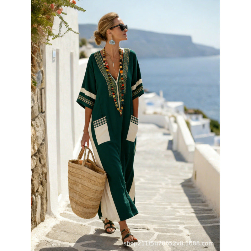 Women Boho Border Print V Neck Loose Kaftan Maxi Beach Dress