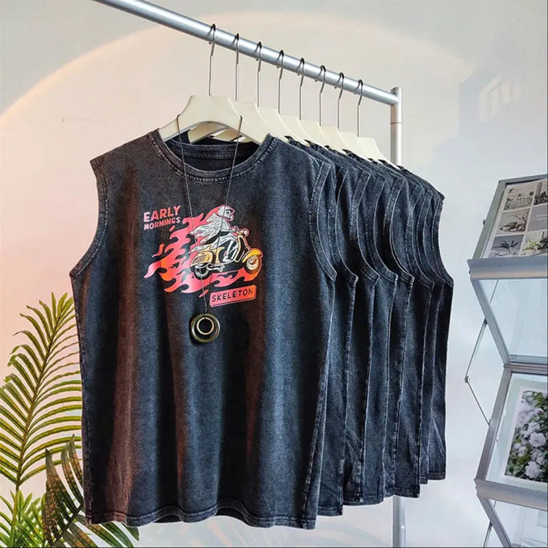 Vintage Washed Mens Tank Top Loose Graphic Summer Sleeveless Vest