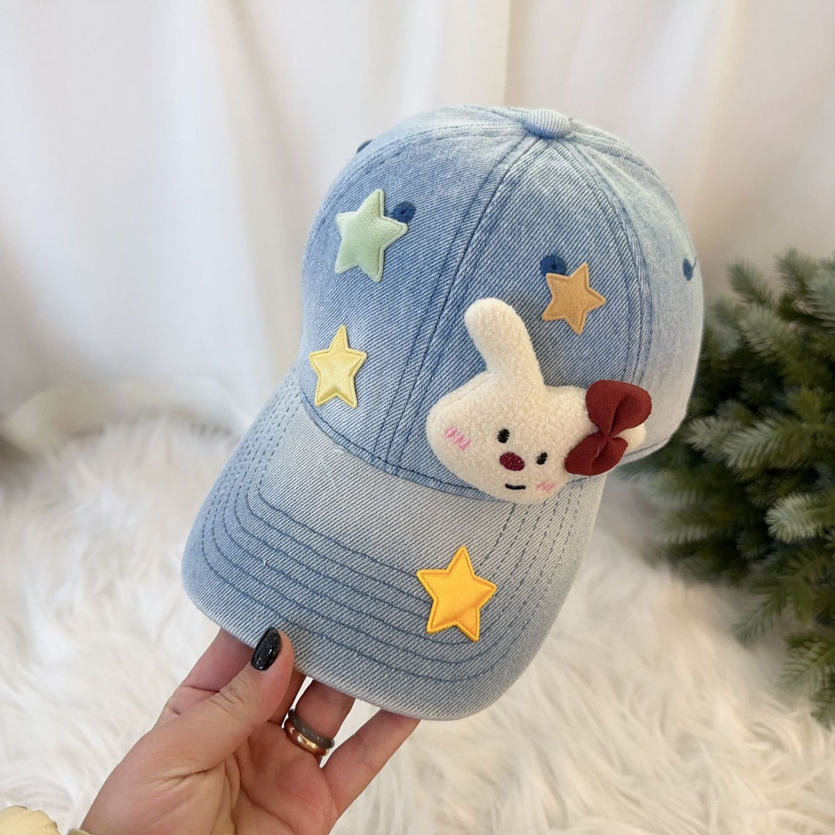 Washed Denim 3D Cartoon Plush Star Baseball Cap Y2K Casual Hat