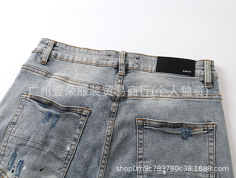 Amiri Distressed Splash‑Ink Stretch Slim Tapered Denim Jeans Unisex
