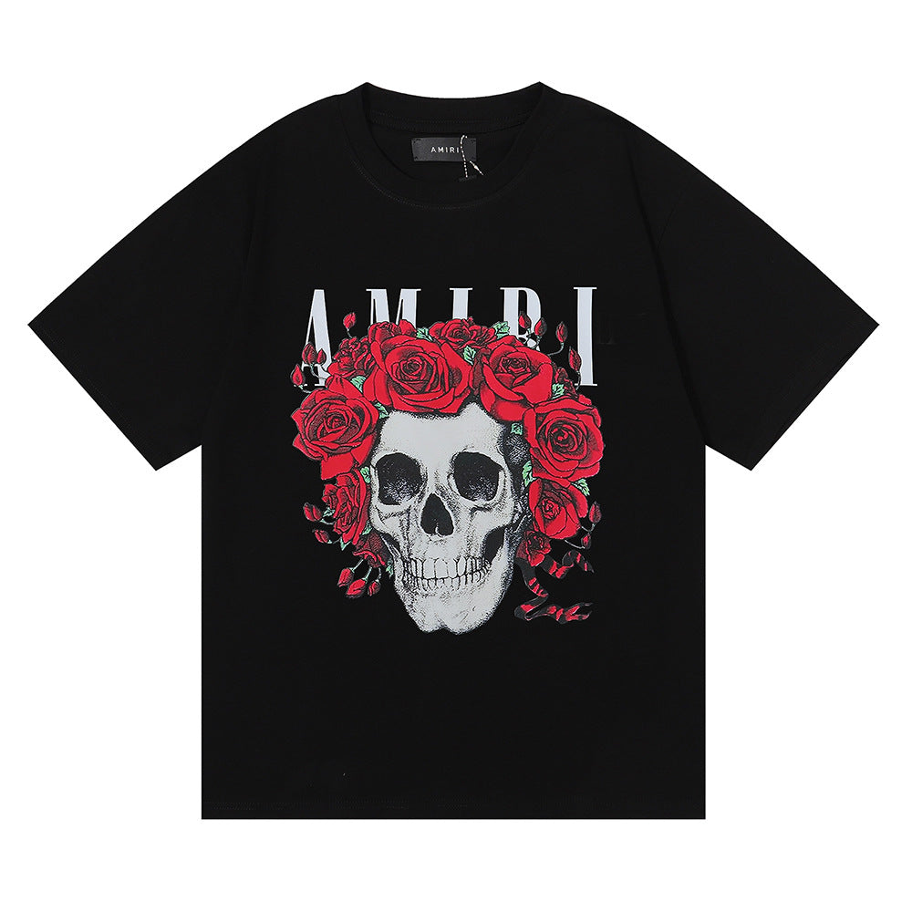 Amiri Rose Skull Letter Graphic Short Sleeve Tee Streetwear Unisex