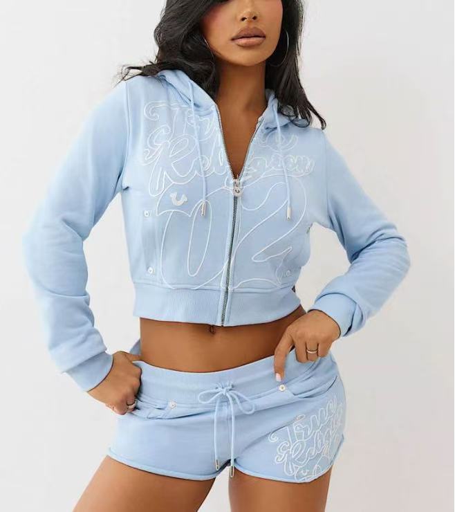 True Religion Graphic Zip Crop Hoodie Short Tracksuit Set