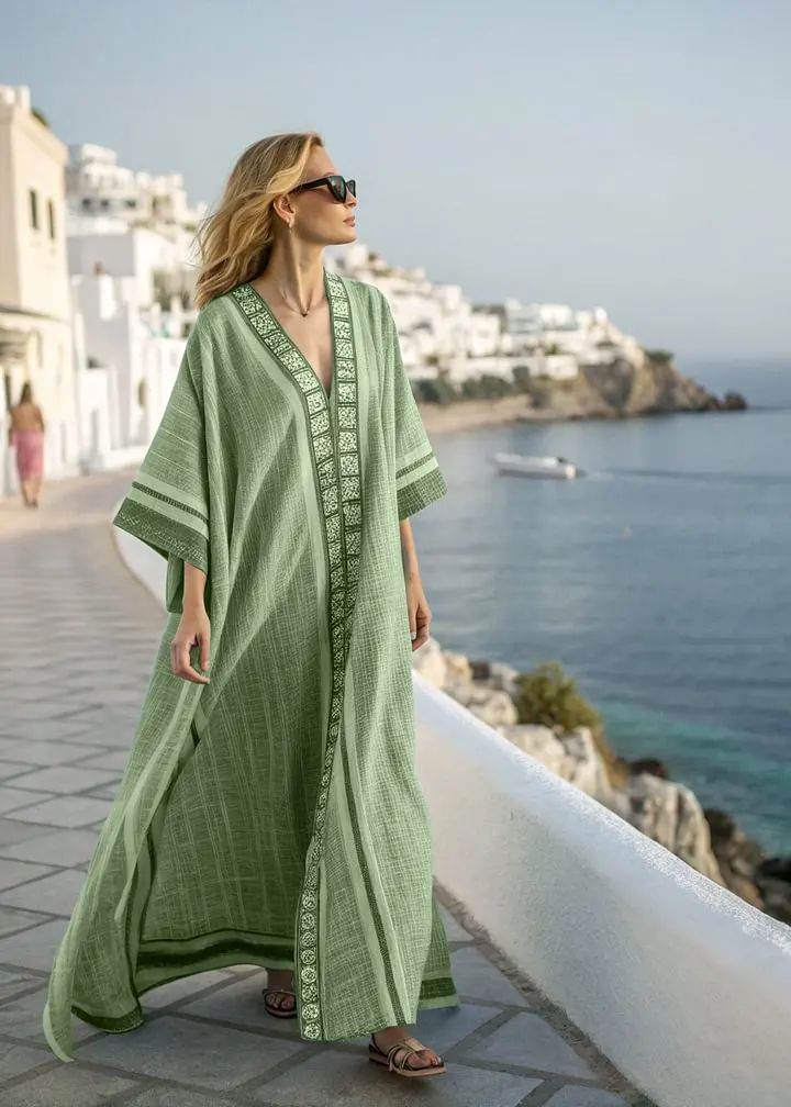 Women Boho Abstract Print V Neck Batwing Loose Kaftan Maxi Beach Dress