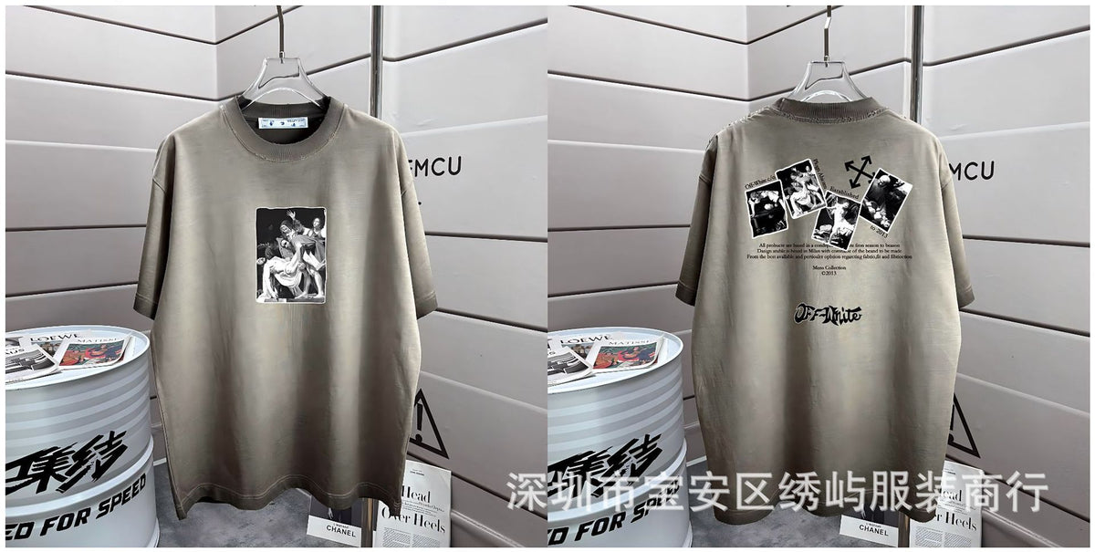 Off-White Washed Distressed Crew Neck Short Sleeve T Shirt Unisex