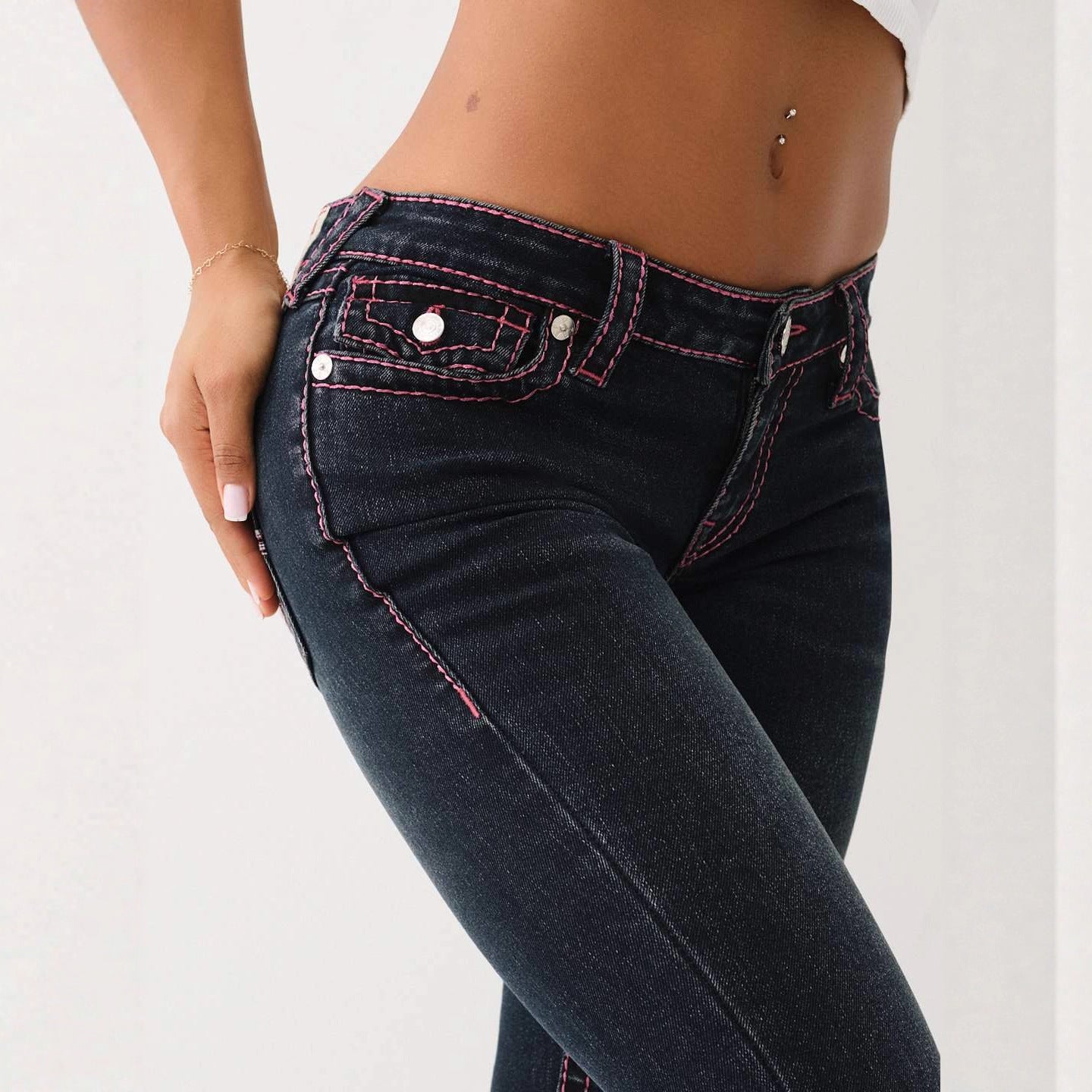 True Religion Pink Horseshoe Embroidery Low Waist Flare Jeans Y2K