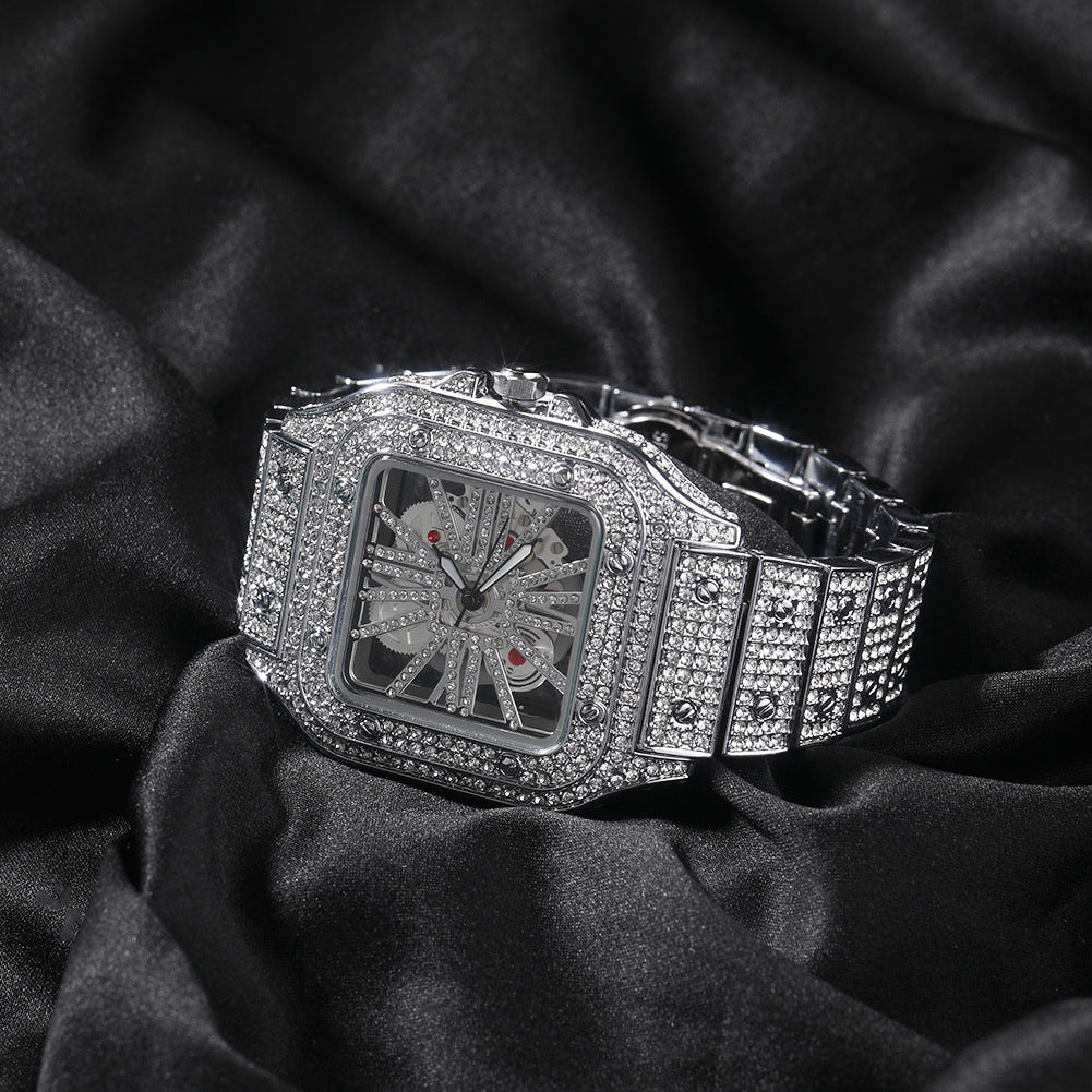 Iced Out Square Skeleton Hip Hop Quartz Watch