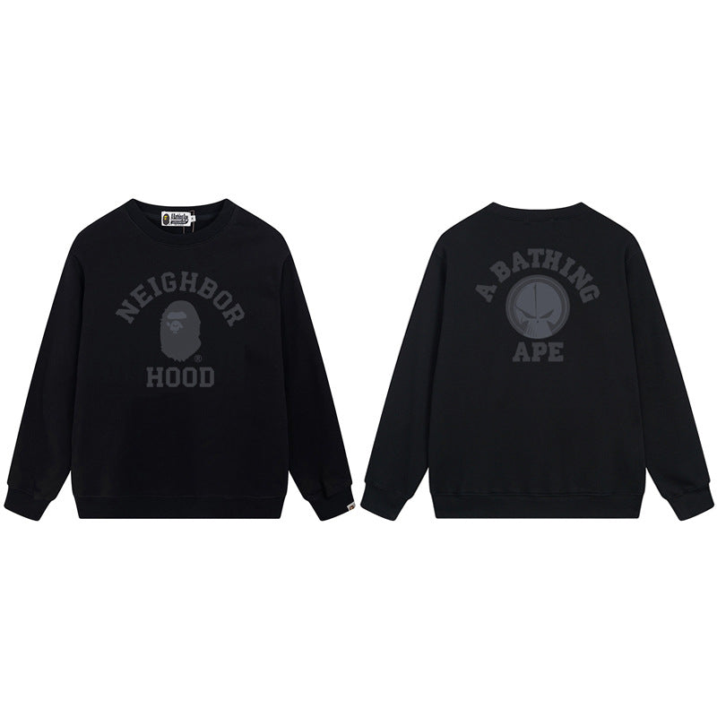 Bape Arch Letter Shark Ape Head Washed Oversized Crewneck Streetwear