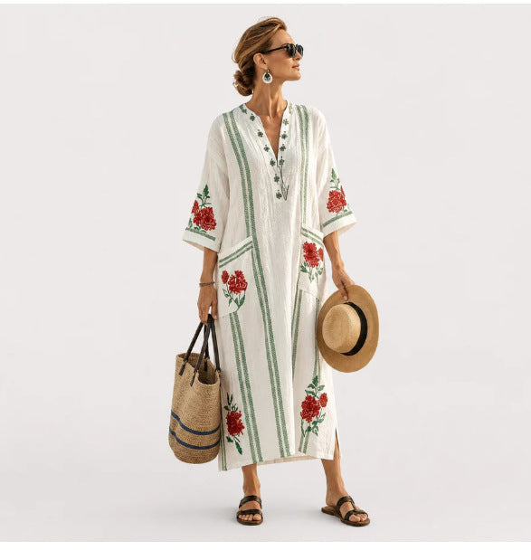Women Boho V Neck Patch Pocket Print Loose Kaftan Maxi Beach Dress