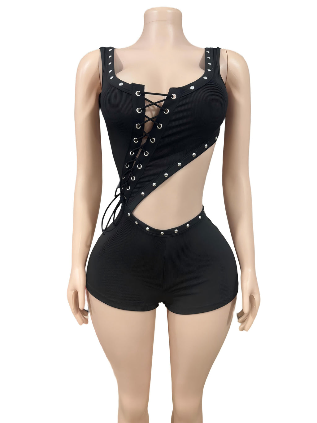 Eyelet Lace Up Cutout Sleeveless Romper Shorts