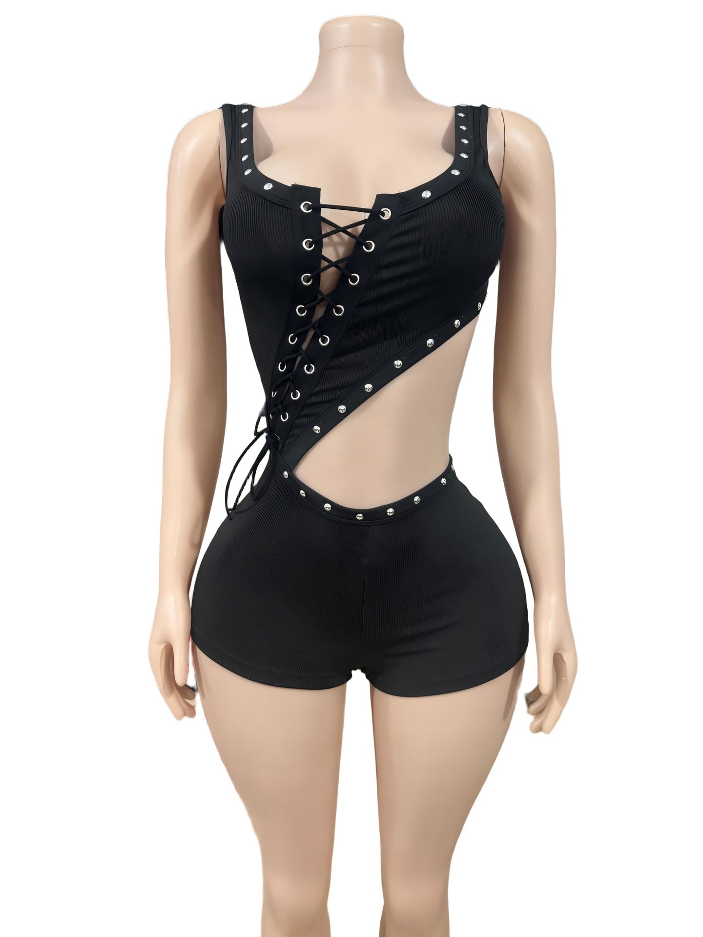 Eyelet Lace Up Cutout Sleeveless Romper Shorts