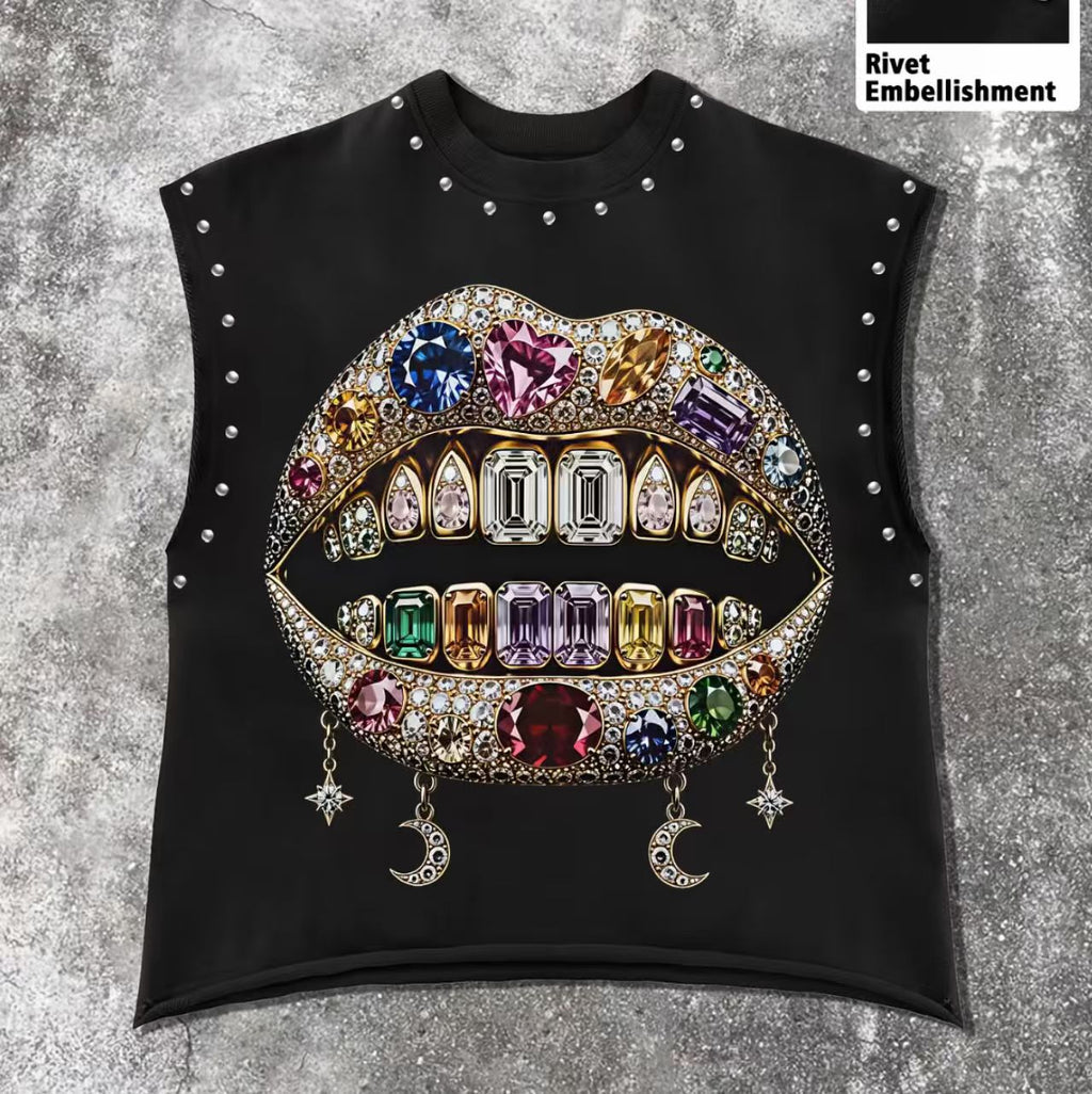 Vintage Letter Number Graphic Rivet Sleeveless Loose Vest Top Women