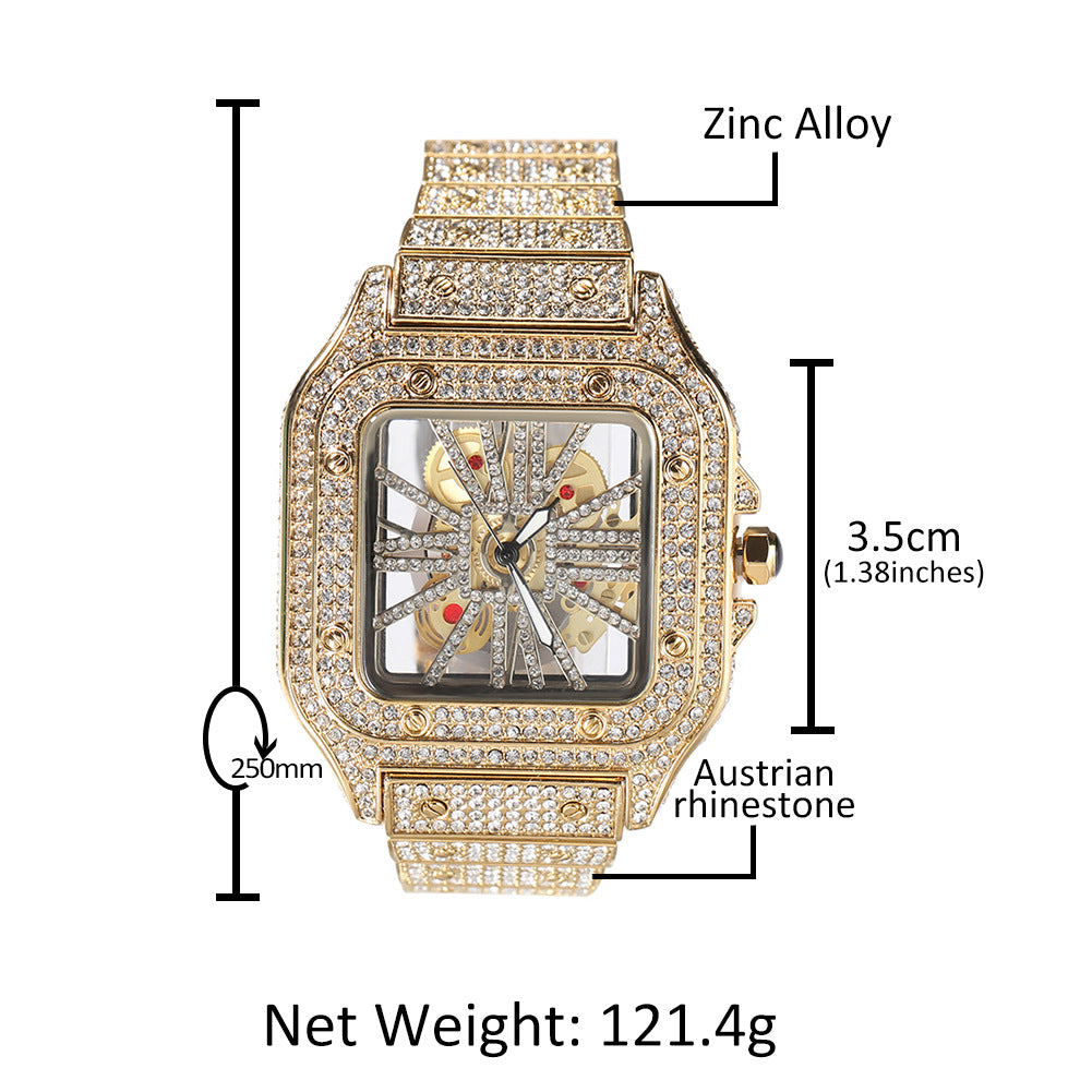 Iced Out Square Skeleton Hip Hop Quartz Watch