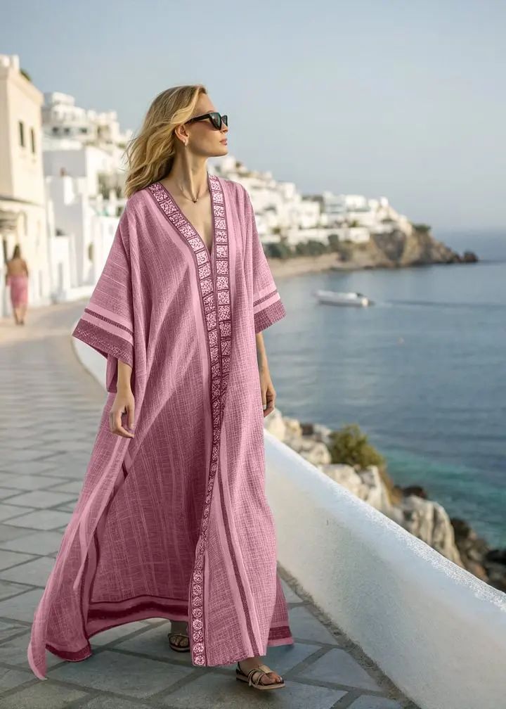 Women Boho Abstract Print V Neck Batwing Loose Kaftan Maxi Beach Dress