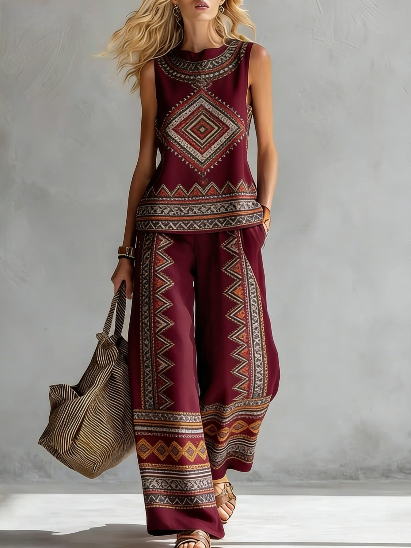 Boho Floral Trim Sleeveless Wide Leg Two Piece Set