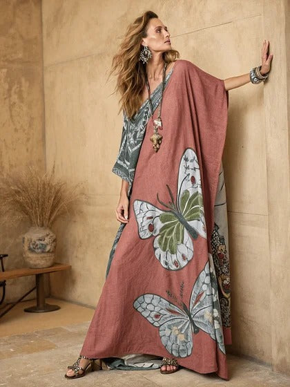 Women Boho Diagonal Striped Off Shoulder Loose Kaftan Maxi Beach Dress