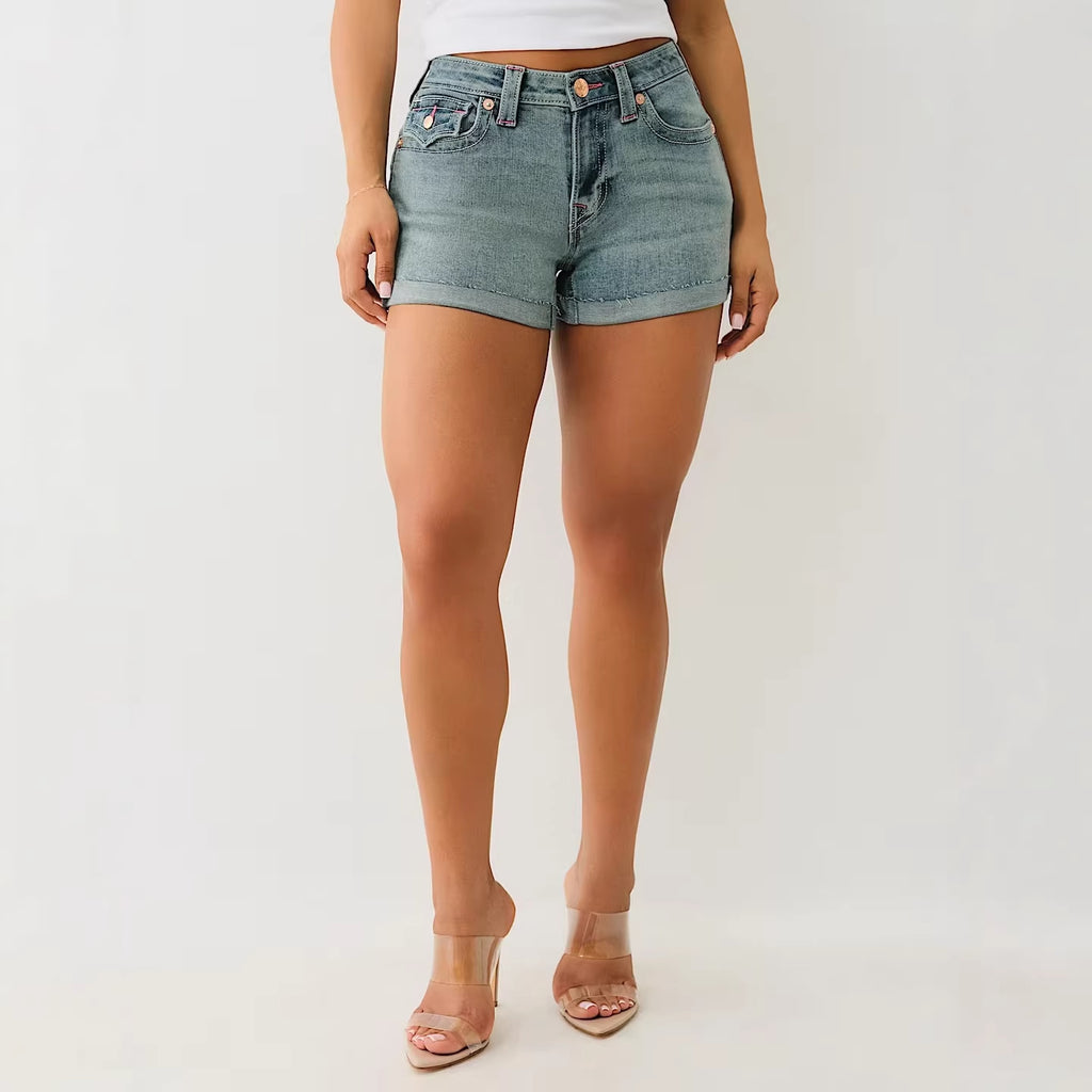True Religion Letter Embroidery Cuffed Denim Shorts Women Y2K