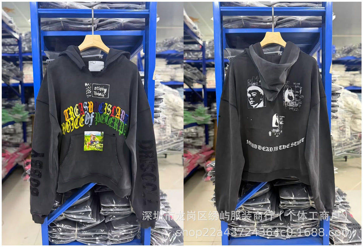 Paly Hollywood Cartoon Letter Hoodie Vintage Wash Graphic Streetwear