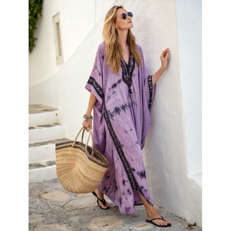 Women Boho Floral Border Print V Neck Loose Kaftan Maxi Beach Dress