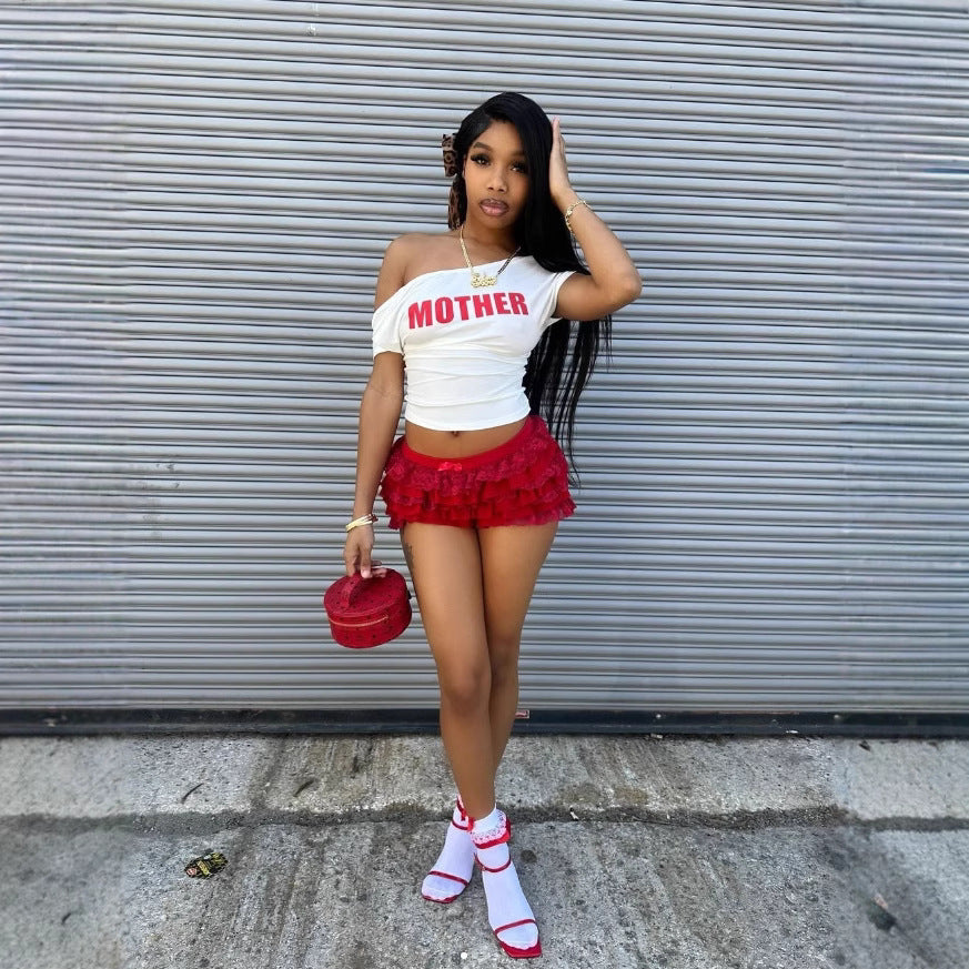 Letter Print Back Cutout Short Sleeve Crop T Shirt Women