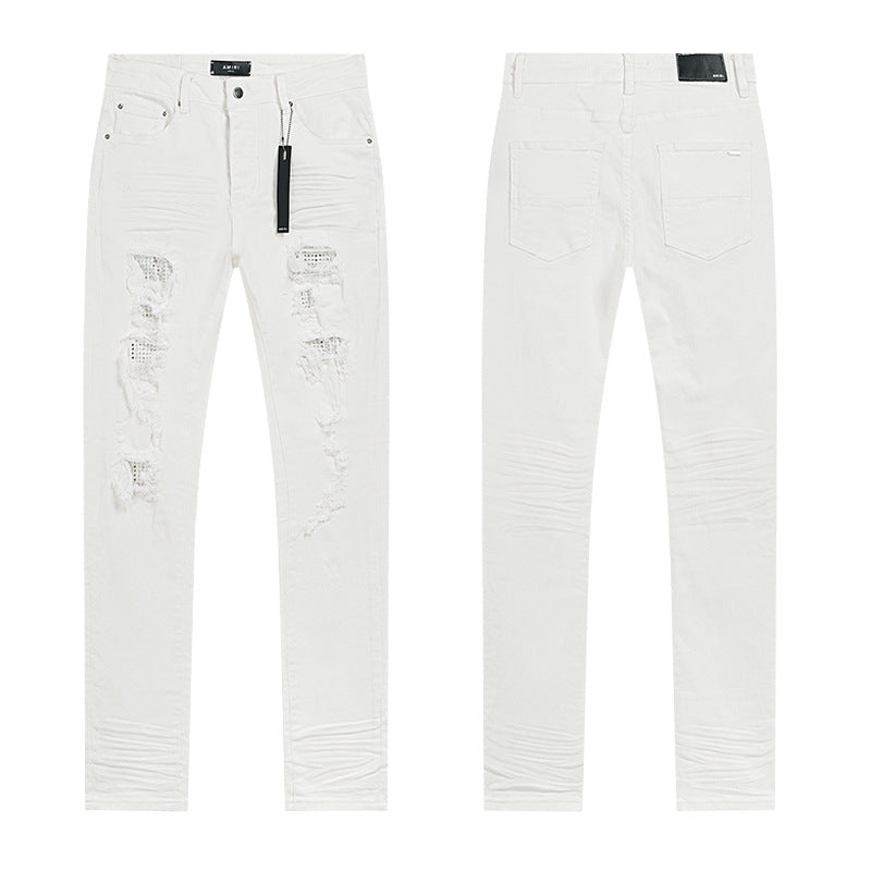 Amiri Letter Patch Distressed Patchwork Stretch Slim Tapered Jeans