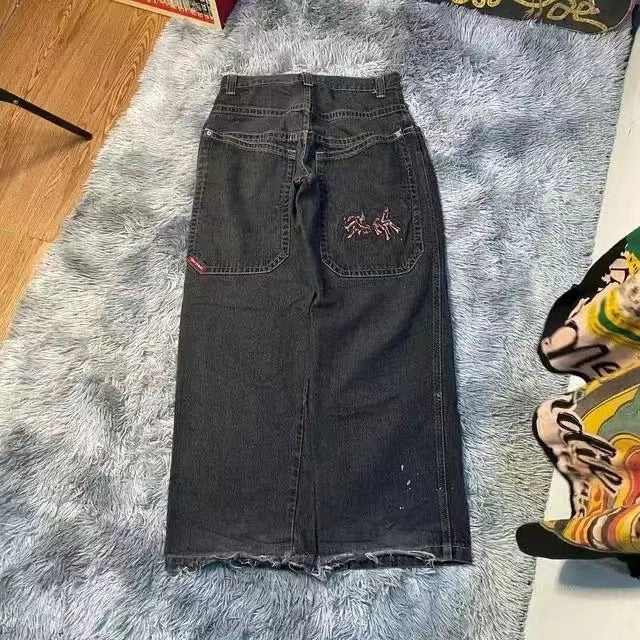JNCO Style Y2K Baggy Jeans Drachen- & Poker-Stickerei Streetwear Denim-Hose