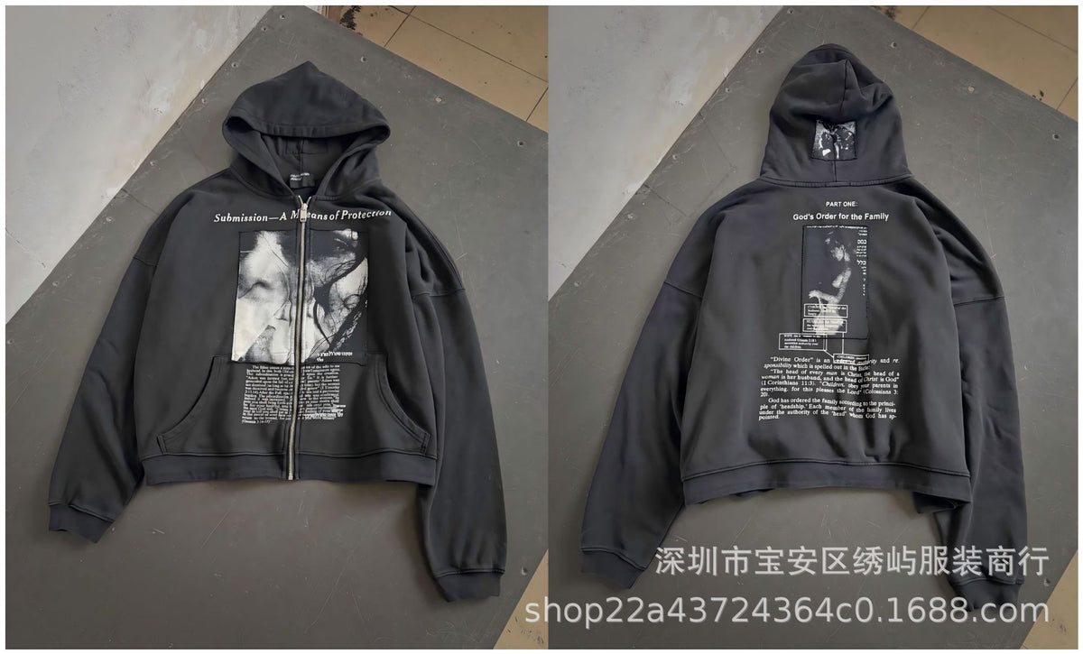 ERD Distressed Photo Letter Print Hoodie Vintage Cotton Pullover