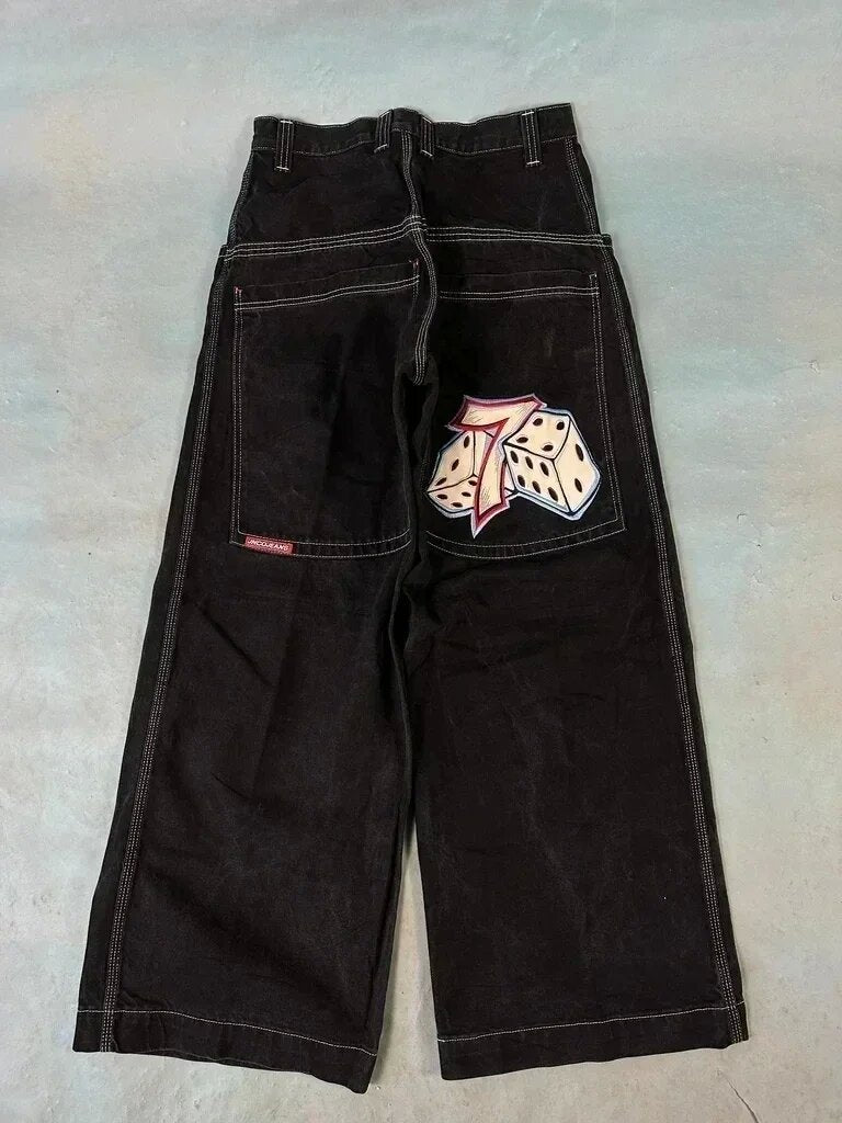 JNCO Style Y2K Baggy Jeans Drachen- & Poker-Stickerei Streetwear Denim-Hose