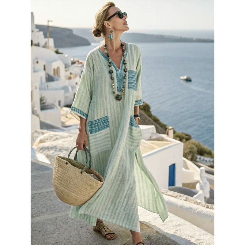 Women Boho Striped Embroidery V Neck Loose Kaftan Maxi Beach Dress