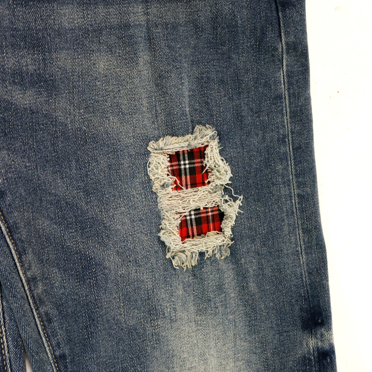 Purple Brand Plaid Patch Ripped Skinny Denim Jeans Unisex