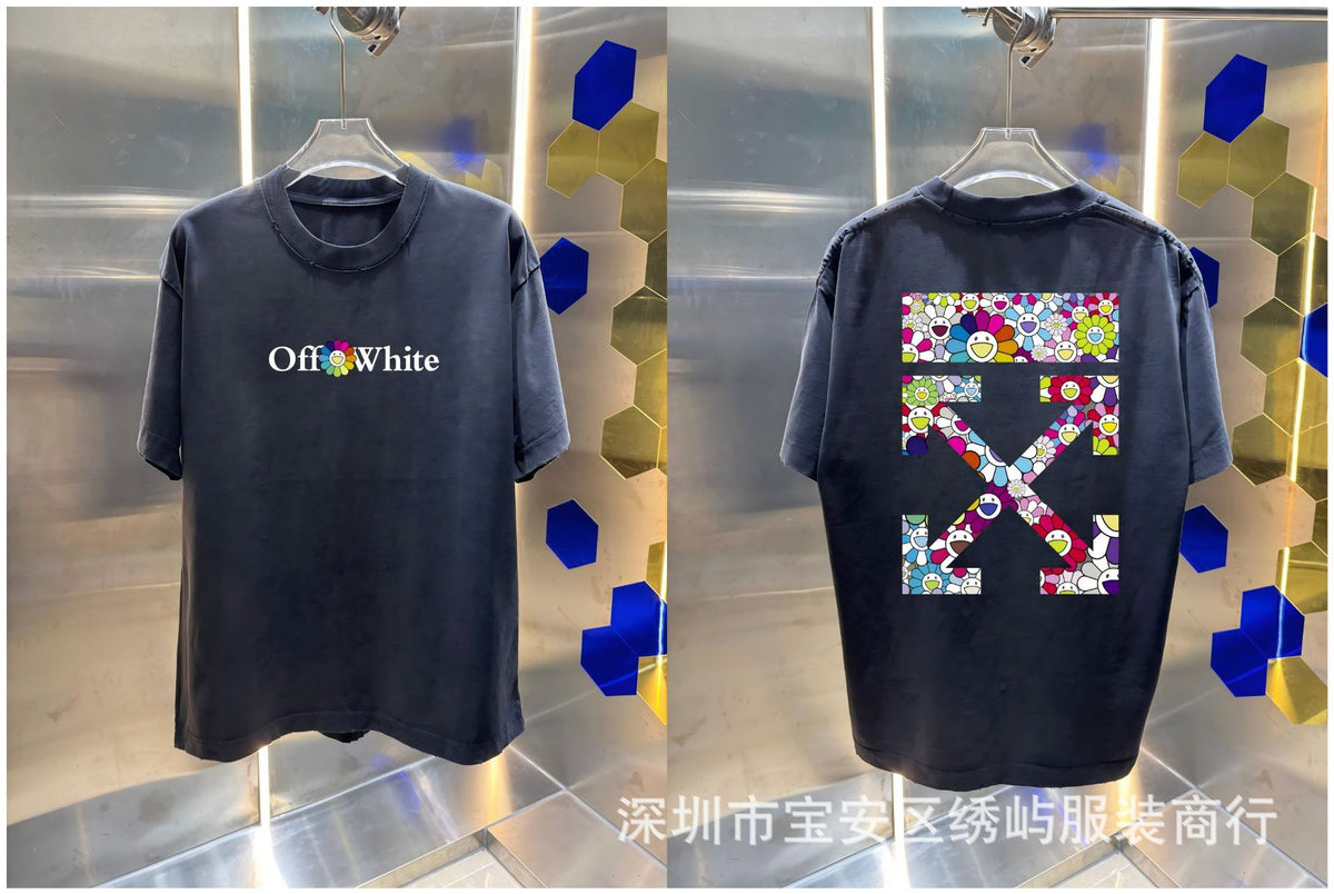 Off-White Washed Distressed Crew Neck Short Sleeve T Shirt Unisex
