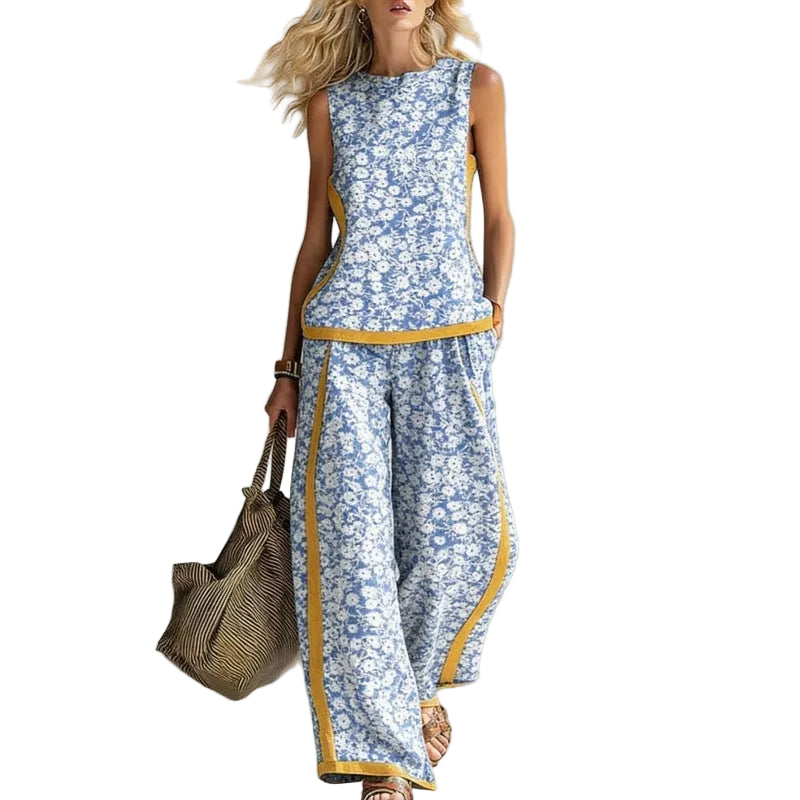 Boho Floral Trim Sleeveless Wide Leg Two Piece Set