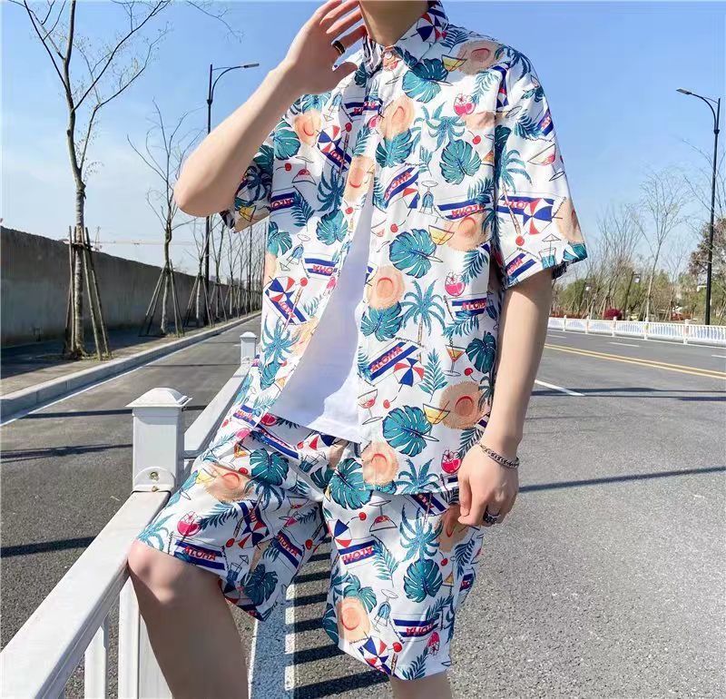 Couple Quick Dry Floral Loose Tropical Beach Shirt Shorts Set