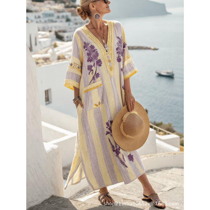 Women Boho Border Print V Neck Loose Kaftan Maxi Beach Dress