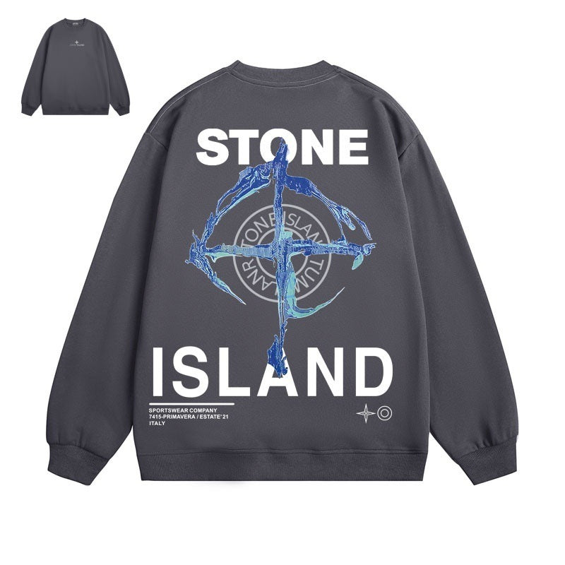 Stone Island Compass Print Crewneck Sweatshirt Men Winter Fleece Top