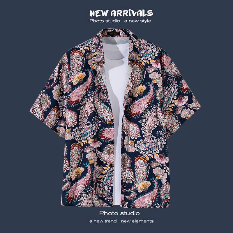 Mens Vintage Tropical Hawaiian Floral Loose Short Sleeve Beach Shirt