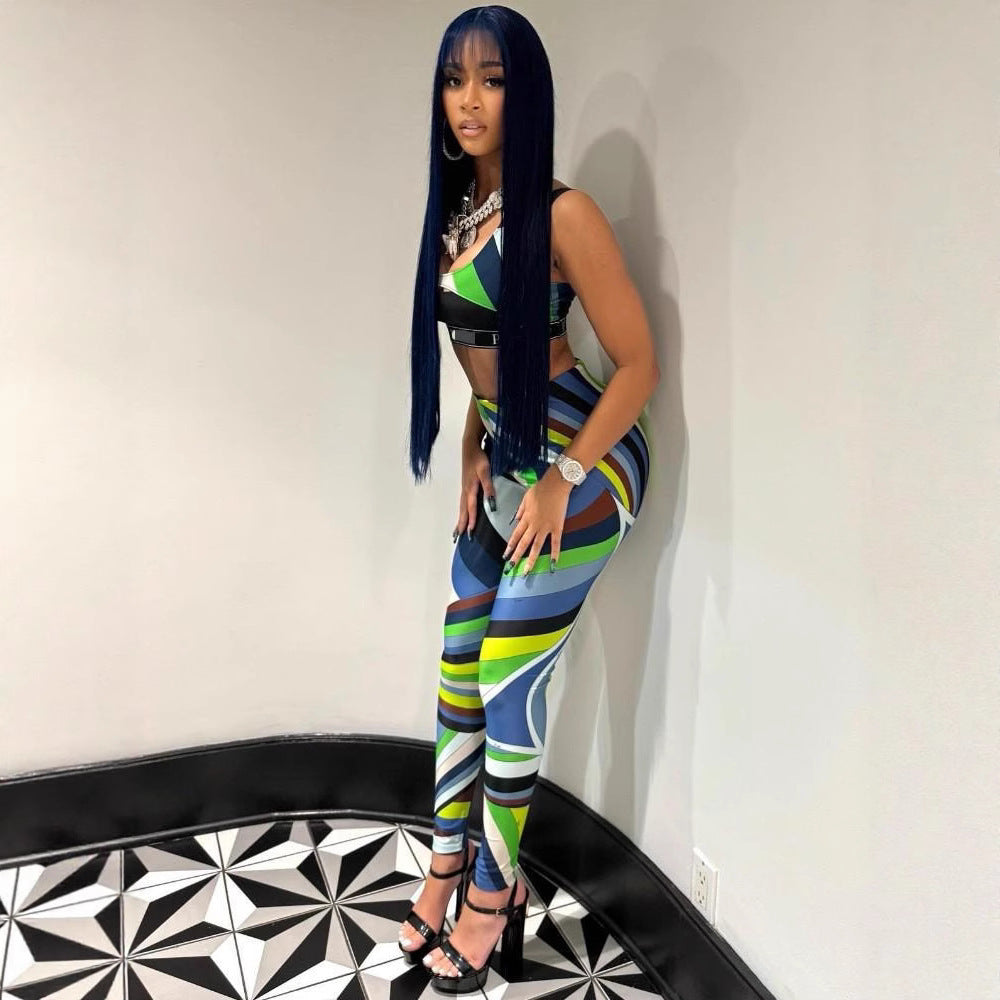 Abstract Print Sleeveless Crop Top Leggings 2 Piece Set