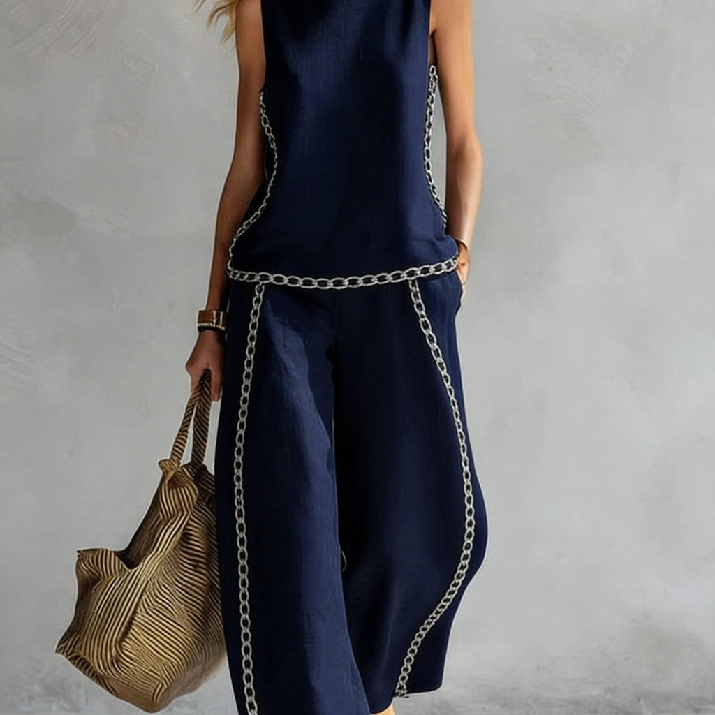Boho Floral Trim Sleeveless Wide Leg Two Piece Set