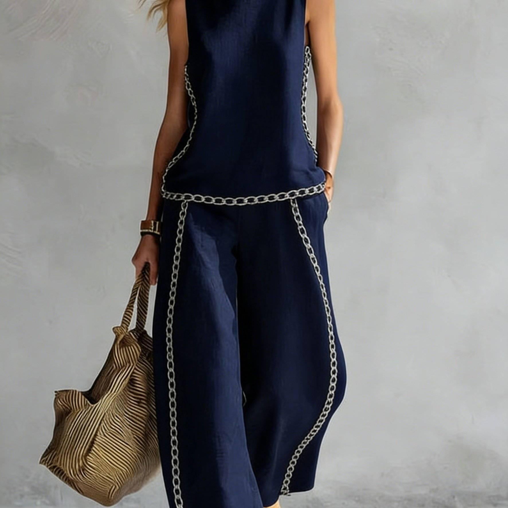 Boho Floral Trim Sleeveless Wide Leg Two Piece Set