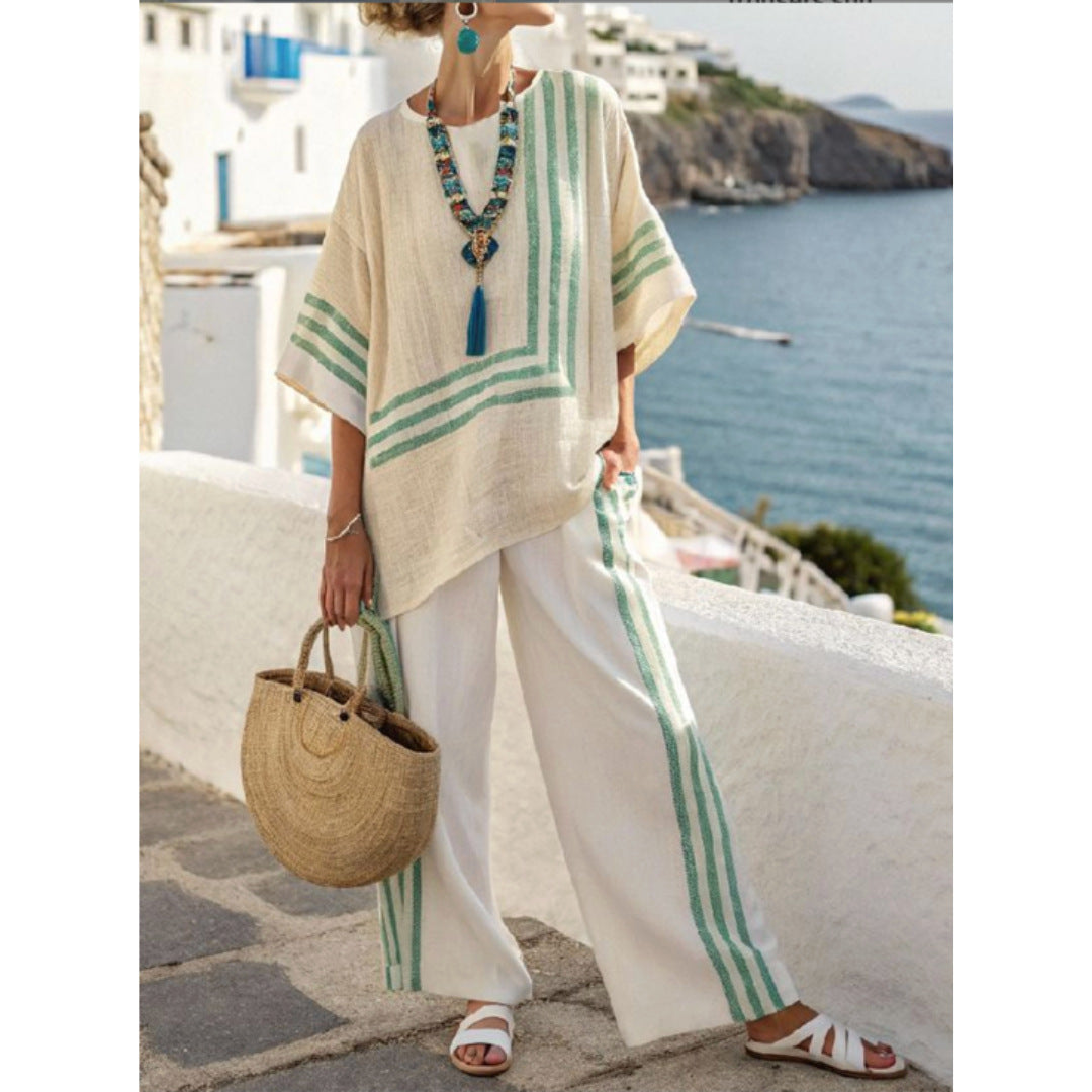 Women European Boho Striped Plus Size Loose Kaftan Beach Vacation Set