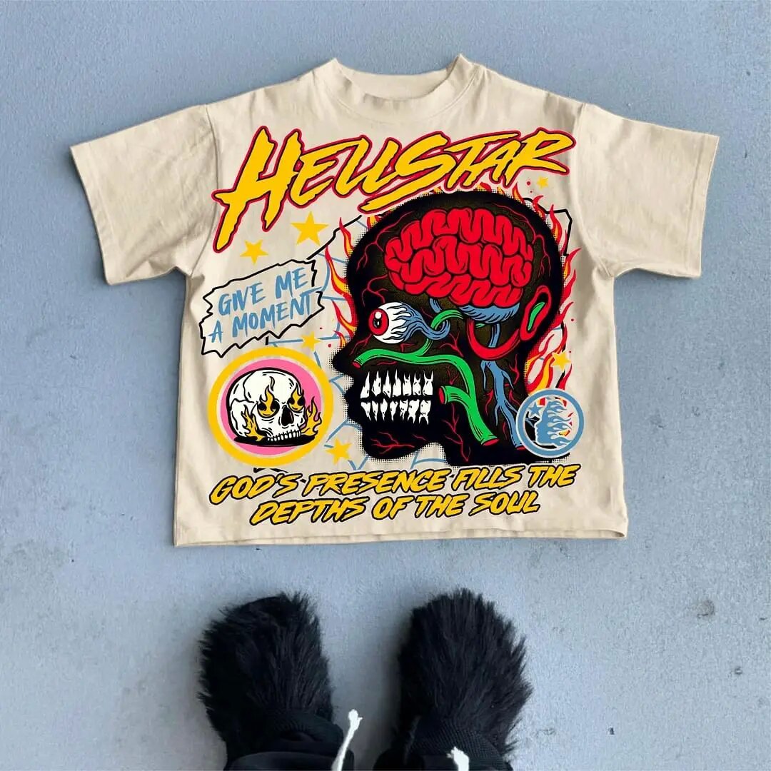 Hellstar Style Vintage Hip Hop Grafik Oversized Streetwear Baumwoll-T-Shirt