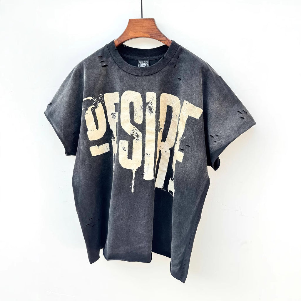 Washed Distressed Drip Letter Print Crew Neck Short Sleeve T Shirt